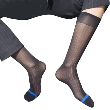 NIHENHAO Calze da uomo in nylon velato per abito da lavoro, calze elastiche a righe trasparenti sottili e formali