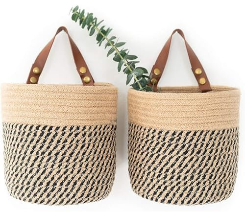 TSQZE 2er Pack Wandkörbe Zum Aufhängen, Aufbewahrungskörbe Mit Griff, Hängekorb Pflanzen Blumentopf Pflanzenkörbe, Korb Hängend Für Die Wand, Tür, Organizer Für Zimmer, Badezimmer (Jute)