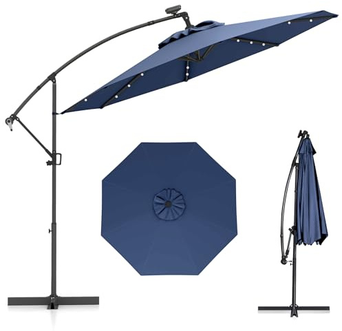 COSTWAY Parasol Déporté Professionnel 3M, Parasol de Jardin Extérieur 32 LED Solaire avec Manivelle, Inclinable et Rotation à 360°, Socle en Croix, pour Patio, Terrasse, Balcon (Bleu Marine)