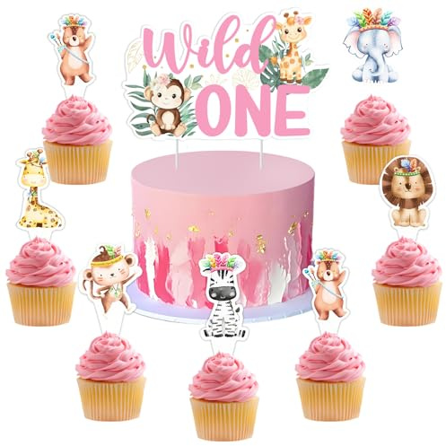 kreat4joy Wild One 1st Birthday Decorations for Girls, Wild One Birthday Cake Topper 24pcs Jungle Safari Animal Cupcake Toppers for 1 Year Old Girls Pink Safari First Party Supplies