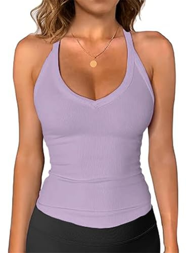 OYIGELZ Débardeur pour femme, col en V, dos nageur, activewear, débardeurs côtelés, cintrés, basiques, camisoles hauts, Violet clair, M
