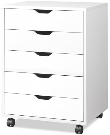 DEVAISE Rollcontainer mit 5 Schubladen, Mobil, Aktenschrank, Weiß | 5 Schubladen, Mobiles Design, Viel Stauraum, Leichtgängige Rollen, Platzsparend, Einfacher Aufbau, für Büro & Home Office