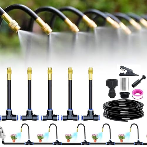 Bewässerungssystem Garten – 360° Automatisches Tropfbewässerungssystem mit Messingdüsen & Metallschlauch – DIY Sprüh-Set für Hochbeet, Terrasse, Gewächshaus & Blumenbeet (10M)
