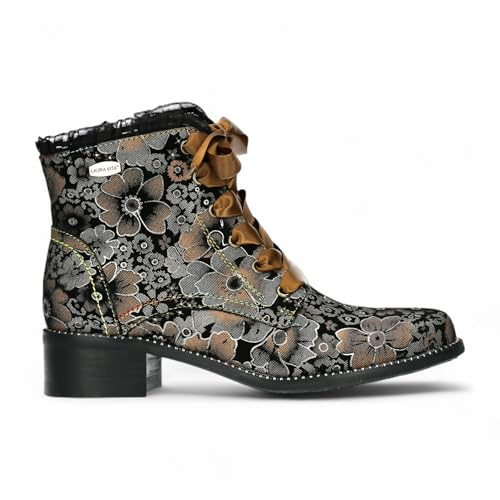 Botines de Piel con Diseño Floral Victoriano Gótico Emcmao-45 Para Mujer de Laura Vita, con Cordones, Cremallera y Tacón de Bloque de 4 cm.