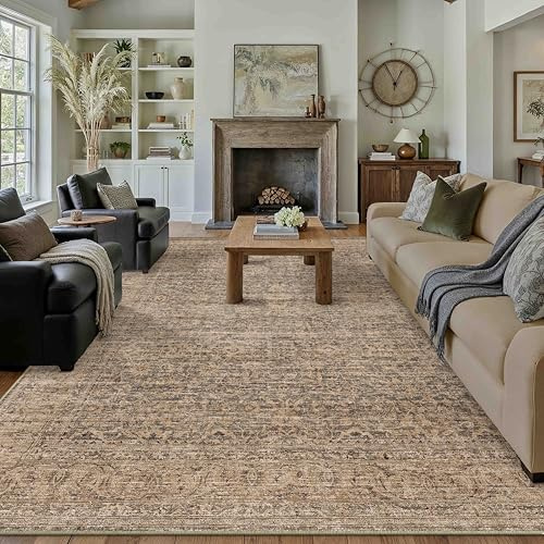 PureCozy Area Rug 9x12 Brown Machine Washable Non-Slip Vintage Low Plie Thin Living Room Bedroom Dining Room Distressed Carpet Indoor Large Home Office Retro Rug
