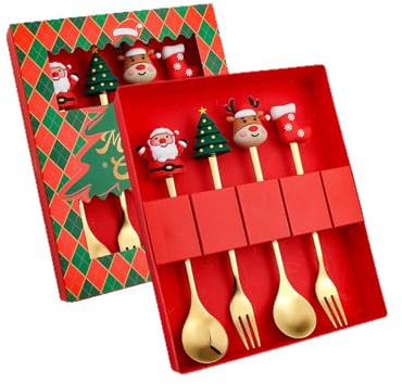 4Pcs Household Fruit Fork Christmas Dining Set, Stainless Steel Fruit Fork and Spoon Collection, Decorative Cutlery for Festive Celebrations, Coffee and Dessert Tableware with Gifts Box (Gold)