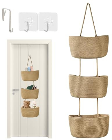 TVOOD 3-Tier Woven Hanging Storage Baskets: Wall Mount Over The Door Hanging Basket Cotton Detachable Back of Door Storage Baskets with Hooks for Bedroom Living Room Bathroom Nursery