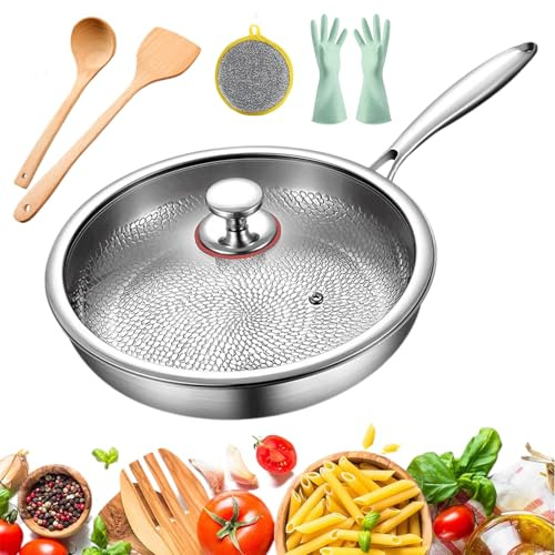 Drbrrly 26/28/30 cm Padella Titanio, Padella Antiaderente Titanio Martellato, Padellas Pro in Titanios Martellato con Coperchio, Non Rivestito, Adatto a Tutte le Stufe (Con Coperchio, 28cm)