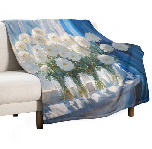 Anceky Chrysanthemum Flower Flannel Throw Blanket, Warm Fleece Soft Cozy Glam White Floral Vase Botanical Blanket for Couch Sofa Bed, 50x60 Inch