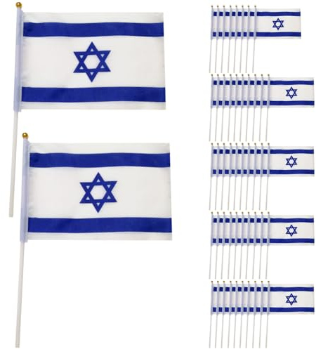 Bandera de Israel, mini bandera de Israel, 50 piezas pequeñas israelíes en palos, 8.3 x 5.5 pulgadas, mini banderas de país ondeando a mano, oficina, conferencia internacional, decoración de fiesta t
