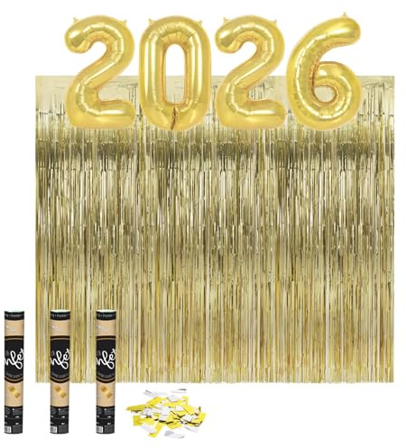 OH YEAH - Kit Decorativo Nochevieja 2026 - 10 piezas - 3 Cortinas Flecos - 3 Cañones confeti + 4 Globos 100 cm - Para Fiestas, Eventos, Hogar, Celebraciones Fin de Año y Año Nuevo - DISEÑO ÚNICO