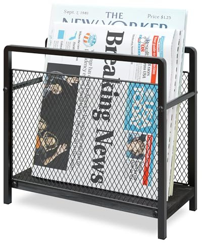 ART-GIFTREE Magazine Holder, Magazine Rack Floor, Metal Mesh with Wood Base Magazine Storage Basket, Folder Organizer Bin for Books, Newspapers, Mails, Files, Black