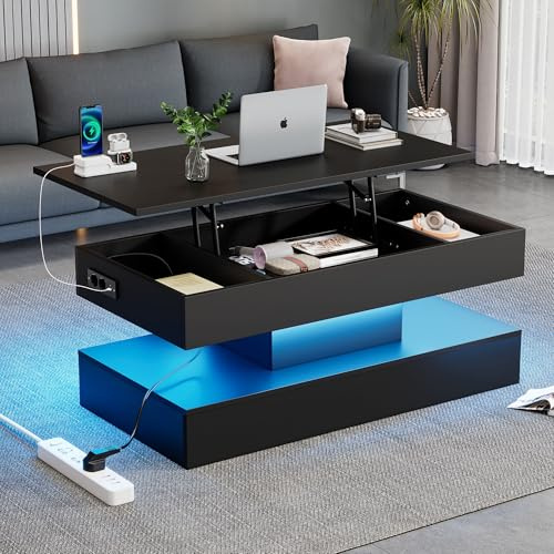CelticHearth Mesa de centro con iluminación LED, hub hidráulico, espacio de almacenamiento oculto, 100 x 50 x 42 cm, color negro, tablero de partículas, soporta 50 kg