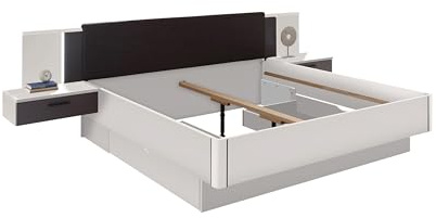 möbelando Preisbrecher ASCHAU Bettanlage mit Beleuchtung & Stauraum – 180x200 cm Liegefläche, Weiß/Graphit, inkl. 2 Nachtkommoden & Schubkastenset – Modernes Design fürs Schlafzimmer