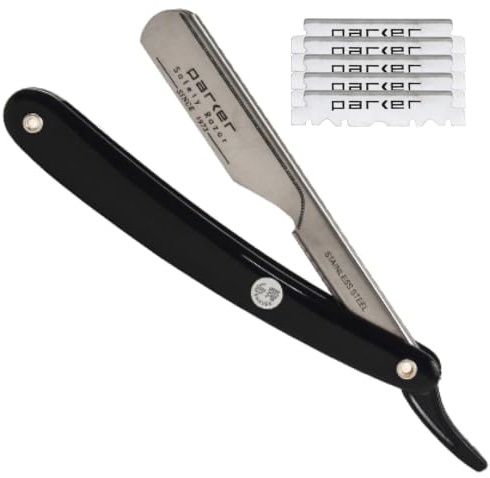 Parker PTB Professional Straight Razor with Replaceable Blades – All‑Stainless‑Steel Push‑Type Design + 5 Parker Platinum Half Blades – Barber‑Grade Razor for Precision Shaving & Detailing