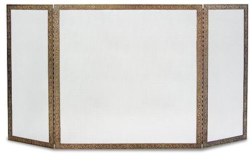 Pilgrim Home and Hearth 18239 Bay Branch Embossed Tri Panel Fireplace Screen, Antique Brass