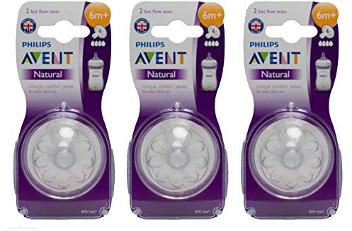 Flaschensauger von Avent, natürliche Sauger mit 4 Löchern, schneller Durchfluss, geeignet ab 6 Monaten, 3 Packungen mit 2 Stück