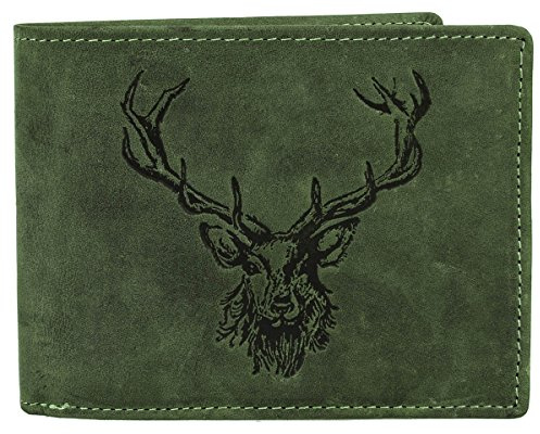 GREENBURRY Vintage Leder Geldbörse Portemonnaie Geldbeutel Royal Stag 1705-RS Hirsch Motiv, Farbe:Olive