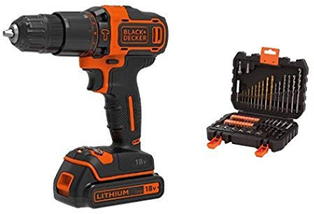 BLACK+DECKER BDCHD18K-QW - Taladro percutor 18V + BLACK+DECKER A7188 - Set de 50 piezas con brocas y puntas para atornillar y taladrar
