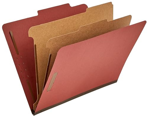Amazon Basics Classification Folder with Prongs, Pressboard, 2 Dividers, 2-Inch Expansion, Letter Size, Red, Pack of 10, for Organizing Documents