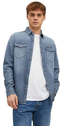 JACK & JONES Jjesheridan Shirt L/s, Camicia in jeans Uomo, Blu (Medium Blue Denim Fit: Slim), Large