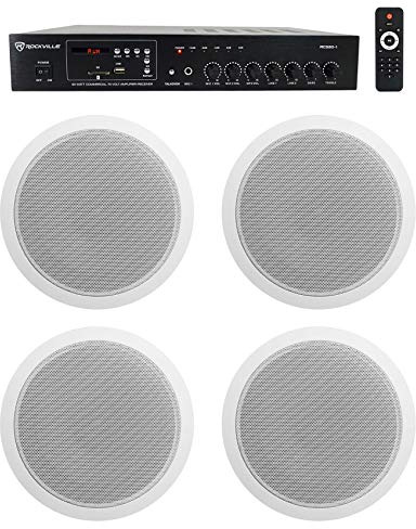 Rockville Commercial Bundle: (4) CCL6T White 70V 6 Ceiling Speakers, Wide Dispersion, RCS80-1 60-Watt 70V Bluetooth Amplifier, Perfect for Restaurant/Bar/Cafe, 5 Items