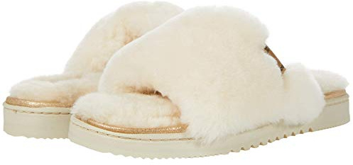 Dearfoams womens Fireside By Dearfoams Cairns Shearling Slide With Metallic Trim Slipper, Natural, 8 US