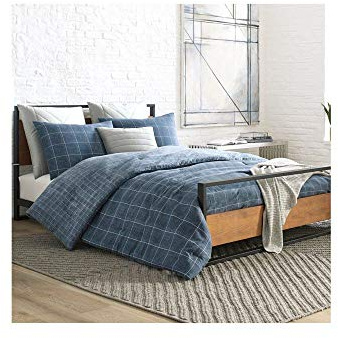 Kenneth Cole New York - Queen Duvet Cover Set, Reversible Cotton Bedding with Matching Shams, Modern Home Decor (Holden Grid Blue, Queen)
