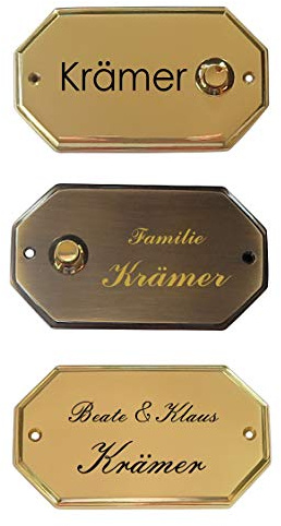 Messing-Guß-Klingel-Klingelschild-Türklingel-Namensschild 115 x 65 x 6 mm-2-Drahtanschluss hinten (94-Messing pol. mit Klingel m. 2 Zeilen Gravur)