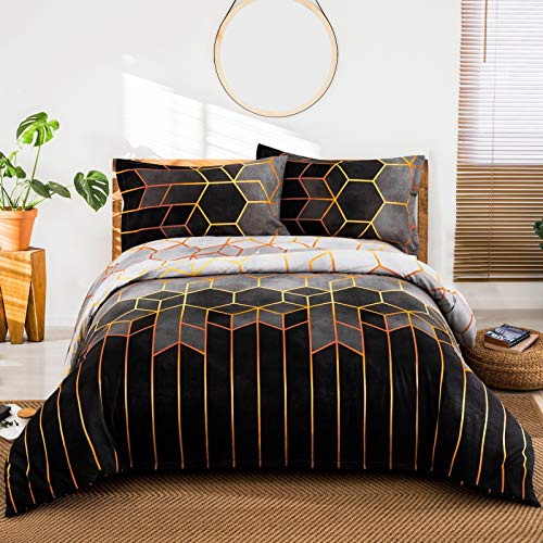 DJY Geometric Diamond Duvet Cover Golden Stripes Soft Microfiber Bedding Set, Reversible Lightweight Quilt Cover 3pcs with Zipper Closure (Grey, Double)