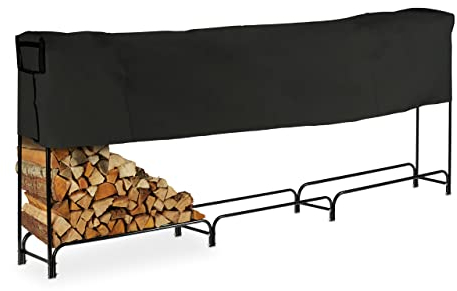 Relaxdays Porta Legna da Camino con Telo, Portalegna da Ardere in Metallo. HxLxP: 122x370x38,5 cm, Grande, Esterni, Nero, Acciaio, 1 pz