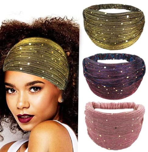 Zoestar, Fasce per capelli larghe con paillettes, spesse, a turbante, avvolgenti, elastiche, eleganti, ideali per yoga, per donne e ragazze (confezione da 3) (Set 2)