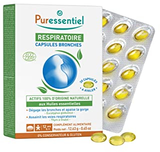 Puressentiel - Respiratoire - Capsules Bronches aux huiles essentielles Bio - Actifs 100% d'origine naturelle - Dégage les bronches, apaise la gorge & assainit les voies respiratoires - 30 capsules