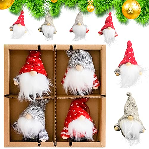 4 Pezzi Gnomi Natalizi in Scatola Regalo - Legno e Maglia, Svedese, Appeso dell'Albero, Peluche Bambola - Piccoli Gnomi di Natale