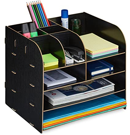 Relaxdays Schreibtisch Organizer mit Dokumentenablage, 10 Fächer, HBT: 27,5 x 32,5 x 25 cm, Büroorganizer MDF, schwarz