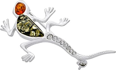 AMBEDORA Broche Femme en Forme de Lézard Avec Ambre et Zircon Cubique, Argent Sterling Poli, Ambre Baltique en Deux Couleurs