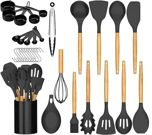 AHASON'S Silicone Cooking Utensils Set 230°C-446°F Heat Resistant Utensils,Turner Tongs,Spoon,Spatula,Brush,Whisk,with Holder Kitchen Utensil Gadgets Tools Set for Nonstick Cookware,BPA Free (Black)