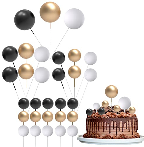 30 Pcs Mini Balloon Cake Topper, Black and Gold Foam Balls Cake Decorations, DIY Foam Ball Pearl Ball Cupcake Topper for Baby Shower Wedding Anniversary Birthday Party