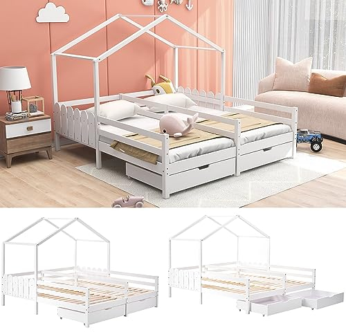 Hausbett,Doppelbett,Kinderbett,Gitterbett mit 2 MDF-Schubladen,Schubladen auf Rollen,Lattenrost aus Kiefer,weiß (200x90cm)
