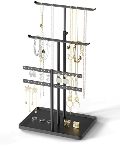 susswiff Jewelry Holder Organizer Stand - Adjustable Jewelry Tree 17.5 Height (Max), Jewlery Hanger for Necklaces, Bracelets, Earrings, Aesthetic for Storage and Display, Metal, Black
