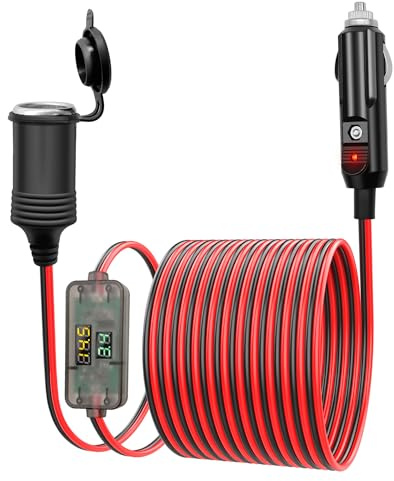 Giantdeer 4M 12V Auto Zigarettenanzünder Verlängerungskabel mit Strom und Spannungsanzeige, 12-24V Wasserdichtes Zigarettenanzünder Buchsen Verlängerungskabel, 12V Adapter Verlängerungskabel