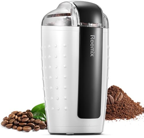 Electric Coffee Grinder, 200W, 100g Capacity, One Touch Operation, Blade and Cup Made with Stainless Steel, Includes Cleaning Brush (White)
