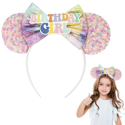 ALLY-MAGIC Colorful Happy Birthday Mouse Ears Headband, Shiny Sequin Bow Birthday Tiara for Women & Girls Party Decorations & Gifts Accessories Y4CSFG