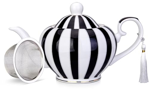 London Boutique teapot with Infuser - Tea Pot infusers for Loose Tea -700ml Capacity Perfect 2 Cup teapot -Easy Grab Handle Teapots (Black Strips)