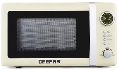 GEEPAS Retrovive 700W Digital Freestanding Microwave Oven, 20L | Electric Oven with Auto Defrost Child Lock | 12 Preset Rotary Dial Easy Clean | Fits Standard Dinner Plate Compact Countertop | Cream