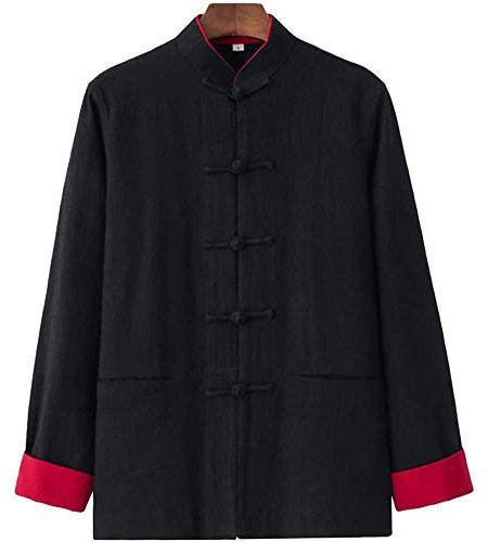 FGDIUCVN Kampfsportbekleidung für Herren, traditioneller chinesischer Tang-Anzug aus Leinen, Hanfu-Mantel, Schwarz, L
