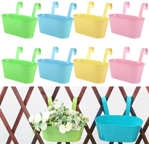 YAYODS 8PCS Hanging Plant Pot, Metal Balcony Planter with Detachable Hooks, Hanging Flower Pots for Railing Fence Balcony Garden Home Decoration, 4 Colours