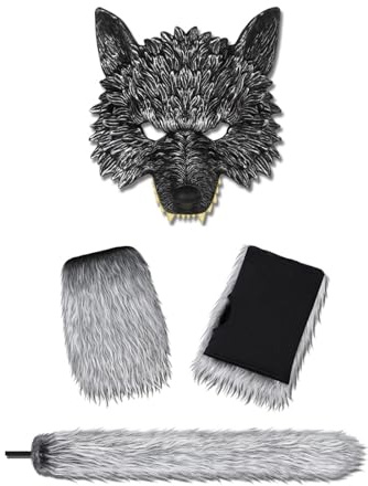 YJZQ 3PCS Masque de loup-garou ensemble de Moufle et Queue Kit Costume de loup Demi-masque Serre-tête Gants de Pattes pour Vampire Mascarade