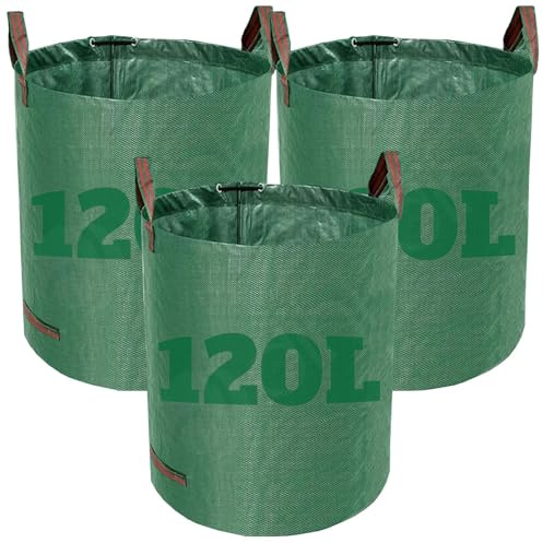Dihl Litre Heavy Duty Garden Waste Bags, Reusable Rubbish Sacks with Upper and Side Handles, Green, Woven Polypropylene. For Waste, Grass, Leaves and More (Pack of 3, 120, litres)