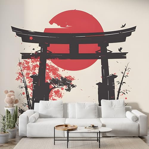 Boceoey Papier Peint Panoramique Torii Japonais Architecture 3D - Motif Fleurs De Cerisier Japon - Décoration Murale pour Salon & Chambre, Intissé Autocollant Papier Mural, 100x70 cm S-800